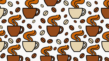 Obraz premium Seamless coffee pattern with coffee cups and coffee beans. The image showcases a repeat pattern of coffee mugs and coffee beans