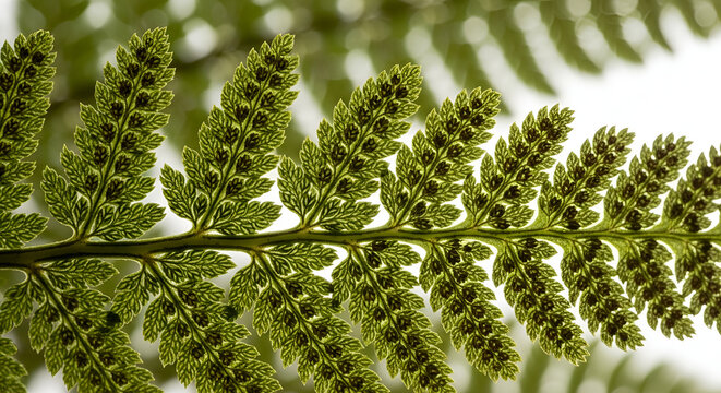 Macro detailed fern frond with sori displaying intricate patterns against a blurred background showcasing natural beauty and botanical textures
