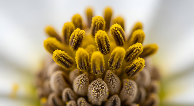 Macro photograph showcasing the intricate stamen of a white flower highlighting the bright yellow pollen-covered filaments in sharp detail