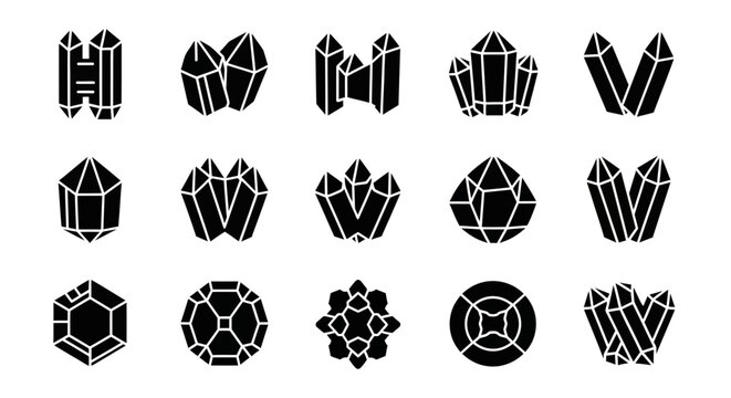 Black crystal icons, mineral symbols, gemstone graphics, 16 crystal shapes