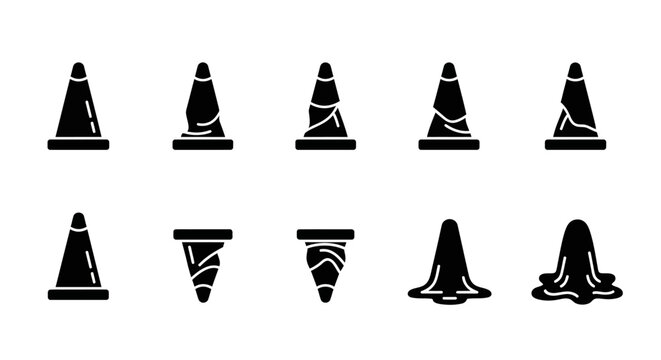 Traffic cone icons, roadblock signs, construction symbols, black vector set