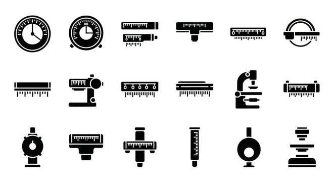 Industrial equipment icons, machinery symbols, factory tools, black vector set