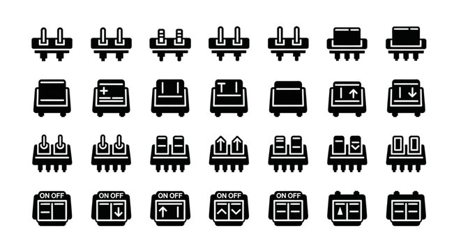 Electrical socket icons, plug symbols, black and white, 25 pieces, vector set