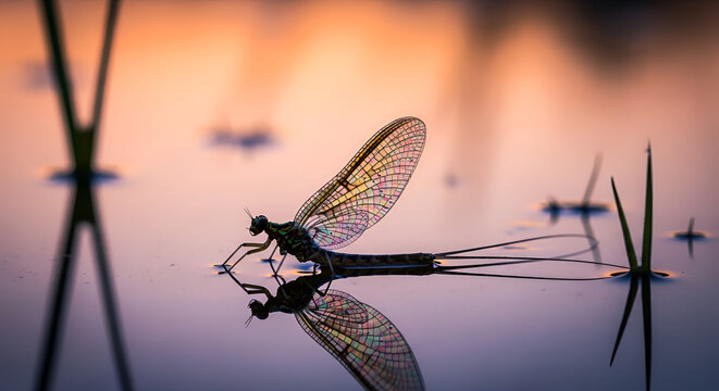 Mayfly resting gracefully on still water surface at dusk reflecting soft pastel colors in a peaceful aquatic scene