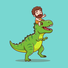 Fototapeta premium Caveman Riding a Friendly Dinosaur Illustration.