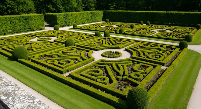 Neatly manicured formal garden with boxwood parterres and topiary in an intricate symmetrical design green hedge borders and manicured lawns