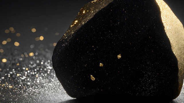 Macro photography of 24k gold leaf flakes on rough black basalt stone