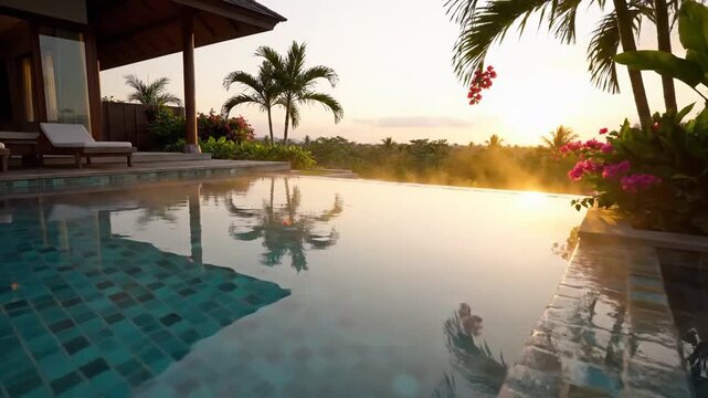 Beautiful infinity pool overlooking lush tropical scenery at sunset with vibrant flowers and comfortable lounge chairs capturing