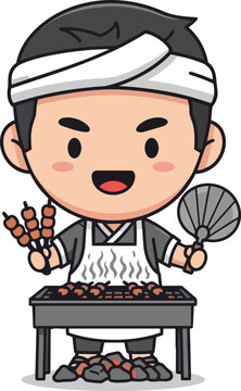 A chef grills meat on a table outdoors with a fan.