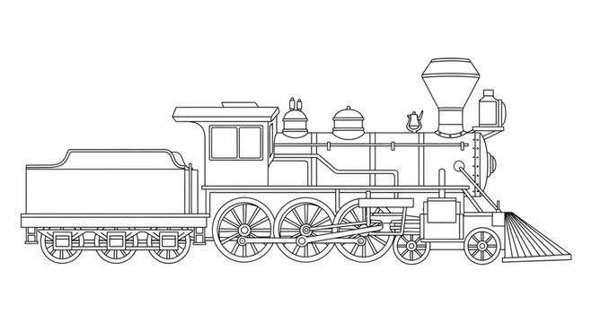 Vintage Steam Locomotive Train Vector Illustration, Classic Old Fashioned Railway Engine Outline Graphic for Creative Design Projects and Coloring Pages