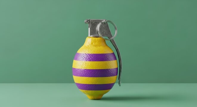Fresh lemon painted with purple stripes stands on a green surface with a metallic detonator attached.
