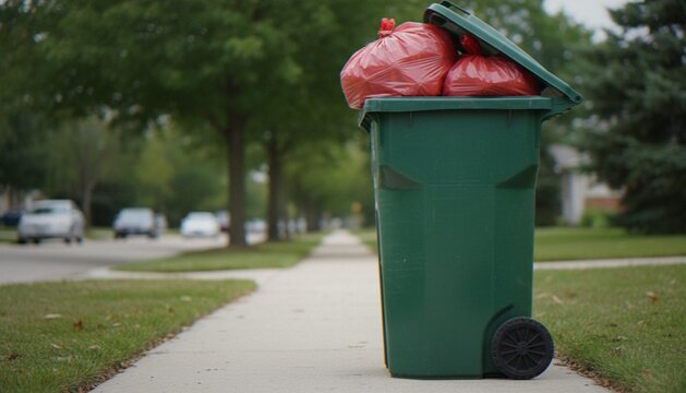 A green trash bin filled with red garbage bags sitting on a sidewalk in a suburban neighborhood.