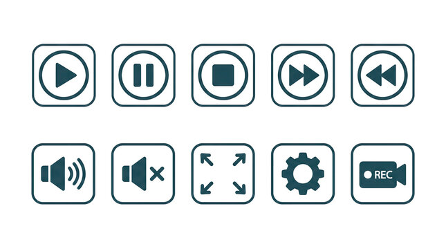 media control icons show simple video buttons. playback symbols are in a clean blue set.