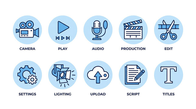 video production icons show simple media tools. editing and recording symbols are in a blue set.