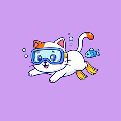 Cute cartoon cat wearing diving mask and flippers swimming underwater. © Arviz