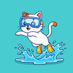 Cute cartoon cat wearing goggles and flippers jumping into water. © Arviz
