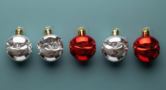 Five crumpled holiday ornaments are arranged in a row against a muted teal background.