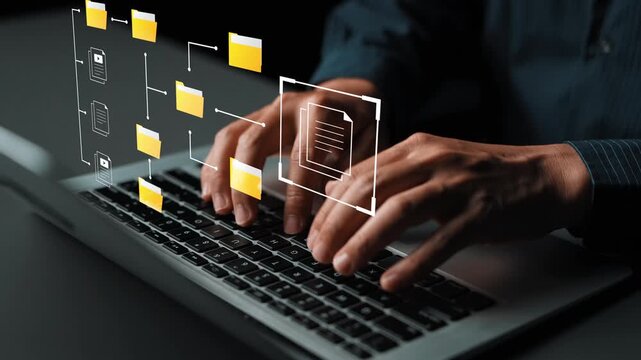 Hands Typing on Laptop with Virtual Document Organization Representations in Modern Digital Workspace Environment Gluon.