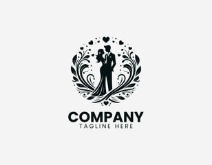 Fototapeta premium Romantic couple silhouette with heart elements in elegant black vector logo design on white background with wedding and love concept composition