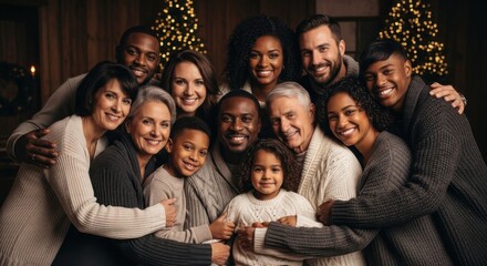 Fototapeta premium Diverse multi-generational family members smile together during a cozy holiday celebration indoors.
