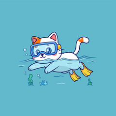Cute Cat Wearing Snorkel Mask Swimming Underwater. © Arviz