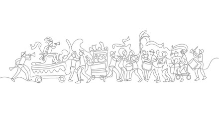 Fototapeta premium Continuous Line Drawing of a Festive Parade with Musicians and Floats