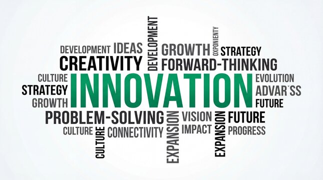 Innovation word cloud with business strategy and creativity concepts typography background