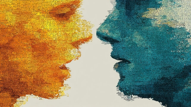 Two Face Profiles Made of Text Confronting Each Other, Concept of Communication, Dialogue and Different Perspectives