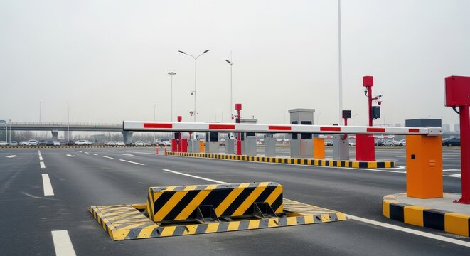 Closed security barrier controls vehicle access at a toll booth entrance.