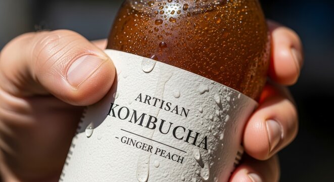 Hand holding artisan kombucha bottle closeup.