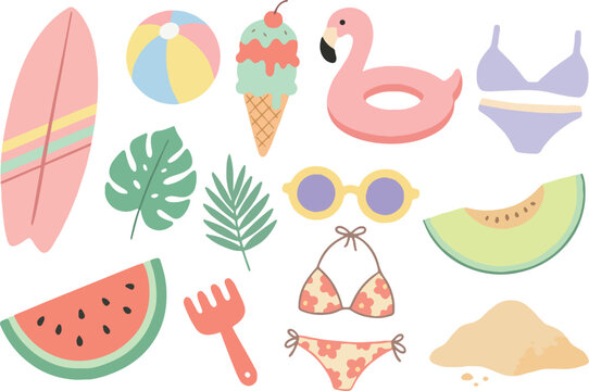 Flat vector set of summer beach vacation elements and tropical icons on white background