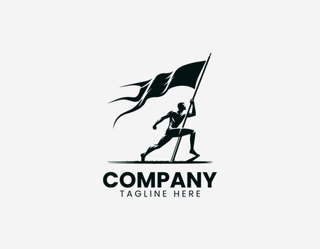 Worker raising flag silhouette bold minimalist black vector illustration logo