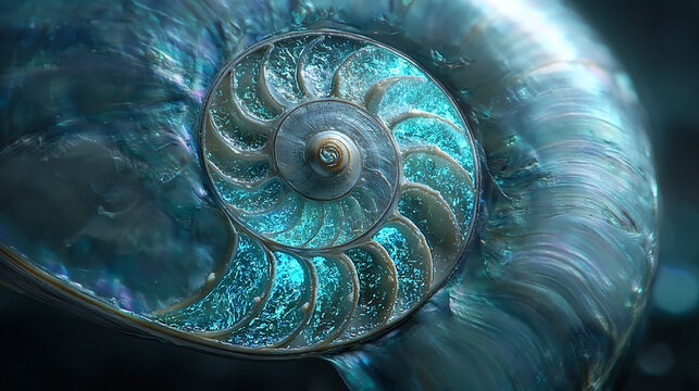 Macro Close-Up of Spiral Nautilus Seashell Cross-Section with Iridescent Teal Glowing Chambers on Dark Background