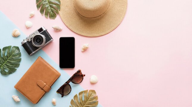 Travel essentials flat lay with smartphone camera sunglasses and tropical leaves on soft background