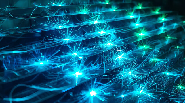 Glowing blue neon lights, abstract background, glowing strings, dark ambiance
