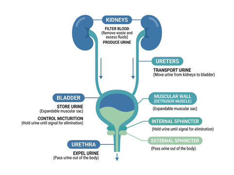 Anatomical vector infographic diagram explaining the human urinary system, kidney function, bladder, and urine excretion.