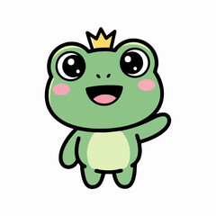 Fototapeta premium Cute cartoon frog wearing a golden crown waving hello with a smile.