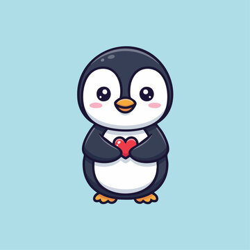 Cute cartoon penguin holding a red heart expressing love and affection.