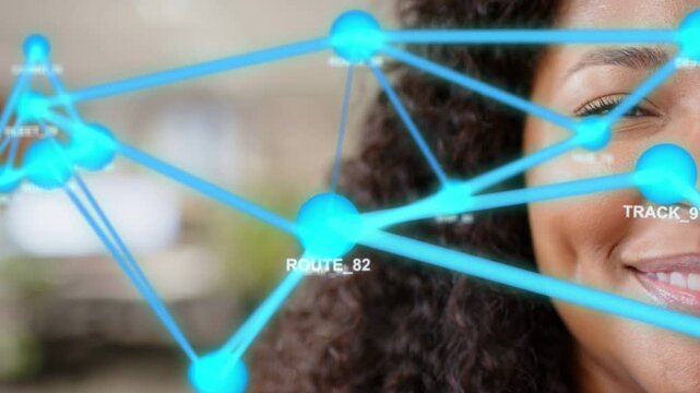 Woman closing eyes and smiling while 3D node network appearing, tracking facial points for tech
