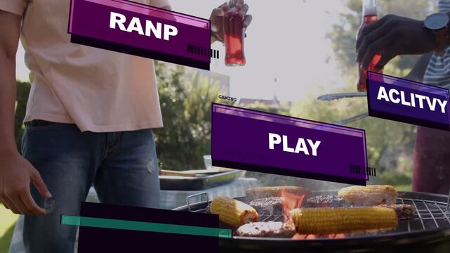 Men moving to grill, raising bottles, using tongs, panels showing PLAY or RANK or INVITE for BBQ