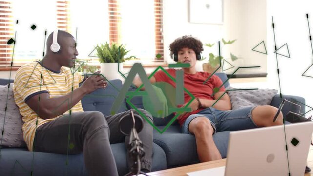Hosts starting podcast, talking, gesturing on sofa with mic while green logo playing over hosts