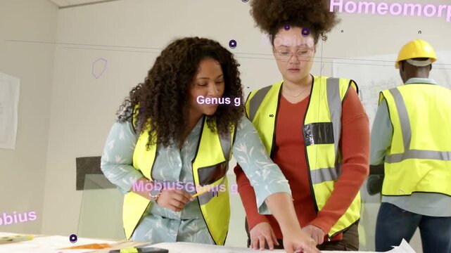Two women over site plans, left woman pointing pencil, AR text aligning with marks, guiding trainee