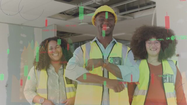 Camera zooming, construction crew adjusting poses on site, financial charts overlaying, showing ROI