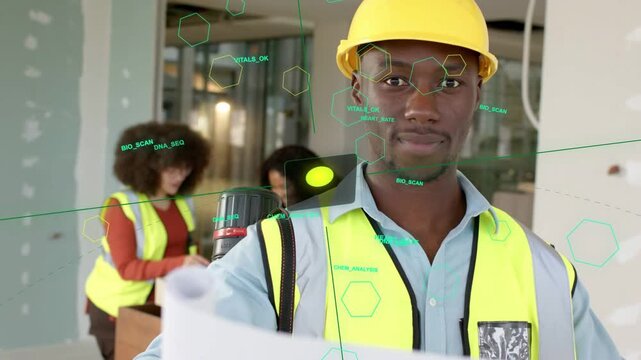 Construction worker reading plans as cam zooming looking up smiling while AR HUD checking vitals