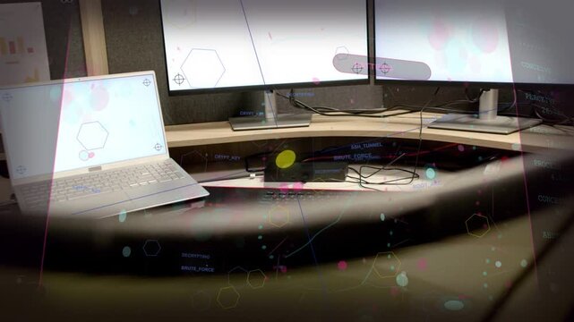 Curved band shifting, revealing desk while HUD hexagons drifting and screens showing crypt keys