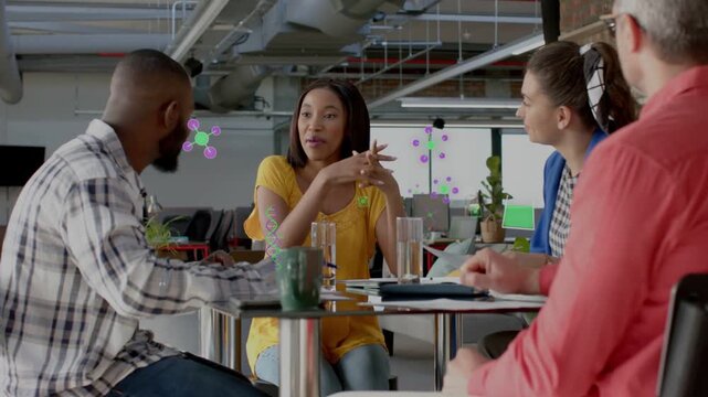 Woman in yellow lifting head and leading discussion, office team leaning, overlays annotating faces
