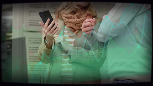 Woman tapping phone causing green graph fading over timetable while man checking watch for travel