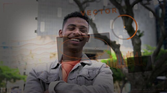 HUD showing man smiling laughing crossing arms tugging collar city animating charts over him for IT