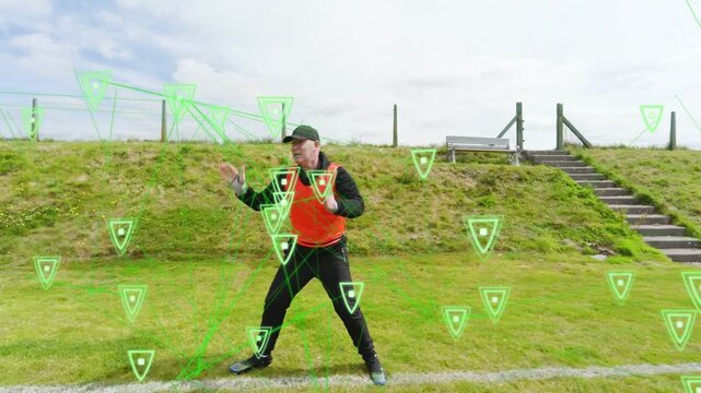 Coach tracking offscreen play, pointing and stepping on sports sideline with green AR markers