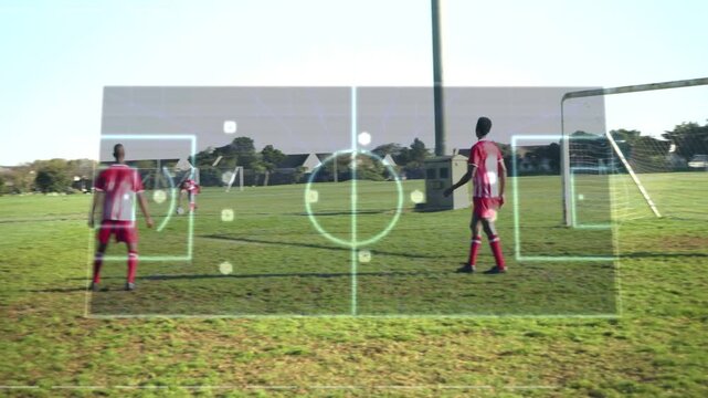 Player moving ball forward in soccer attack, ball lofting into box, players contesting, HUD mapping